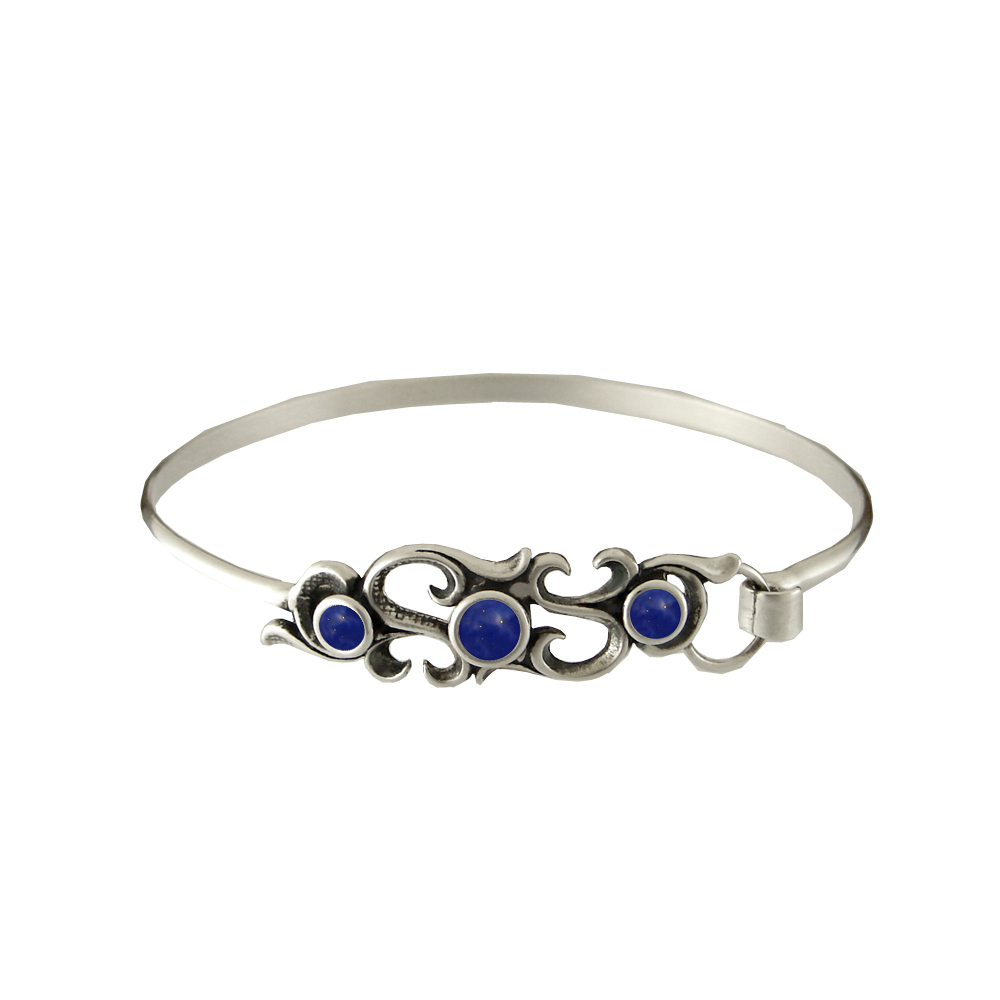 Sterling Silver Victorian Strap Latch Spring Hook Bangle Bracelet with Lapis Lazuli